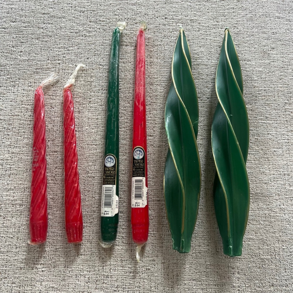 Vintage Christmas Taper Candle Lot Candle-lite Red Green Leaf Spiral 6pc Set